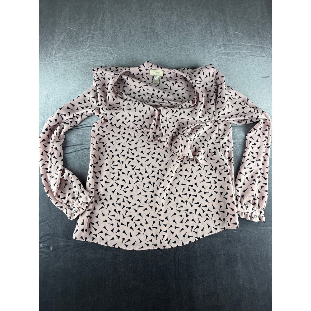 Loft Outlet Womens Pink Black Geometric Print Ruffle Neck Long Sleeve Blouse S